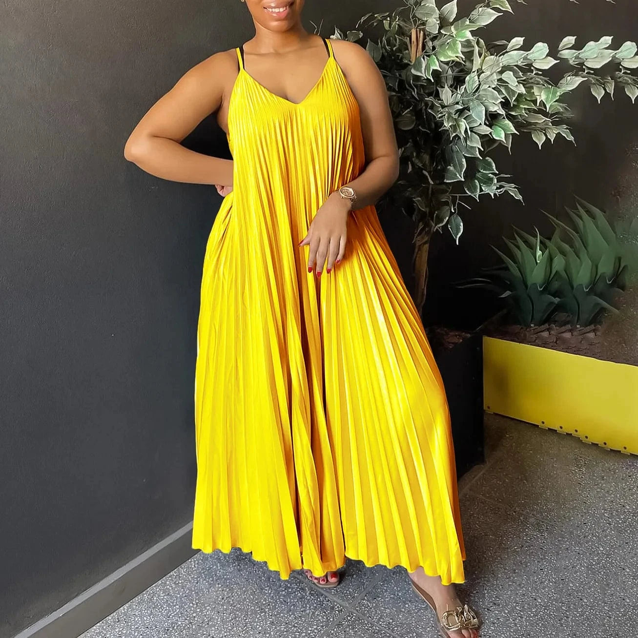 3 XL / Yellow GX8571 Boutique 2024 Fashion Clothing Women Maxi Dress Sleeveless V-neck Spaghetti Strap Elegant Long Loose Pleated Dresses
