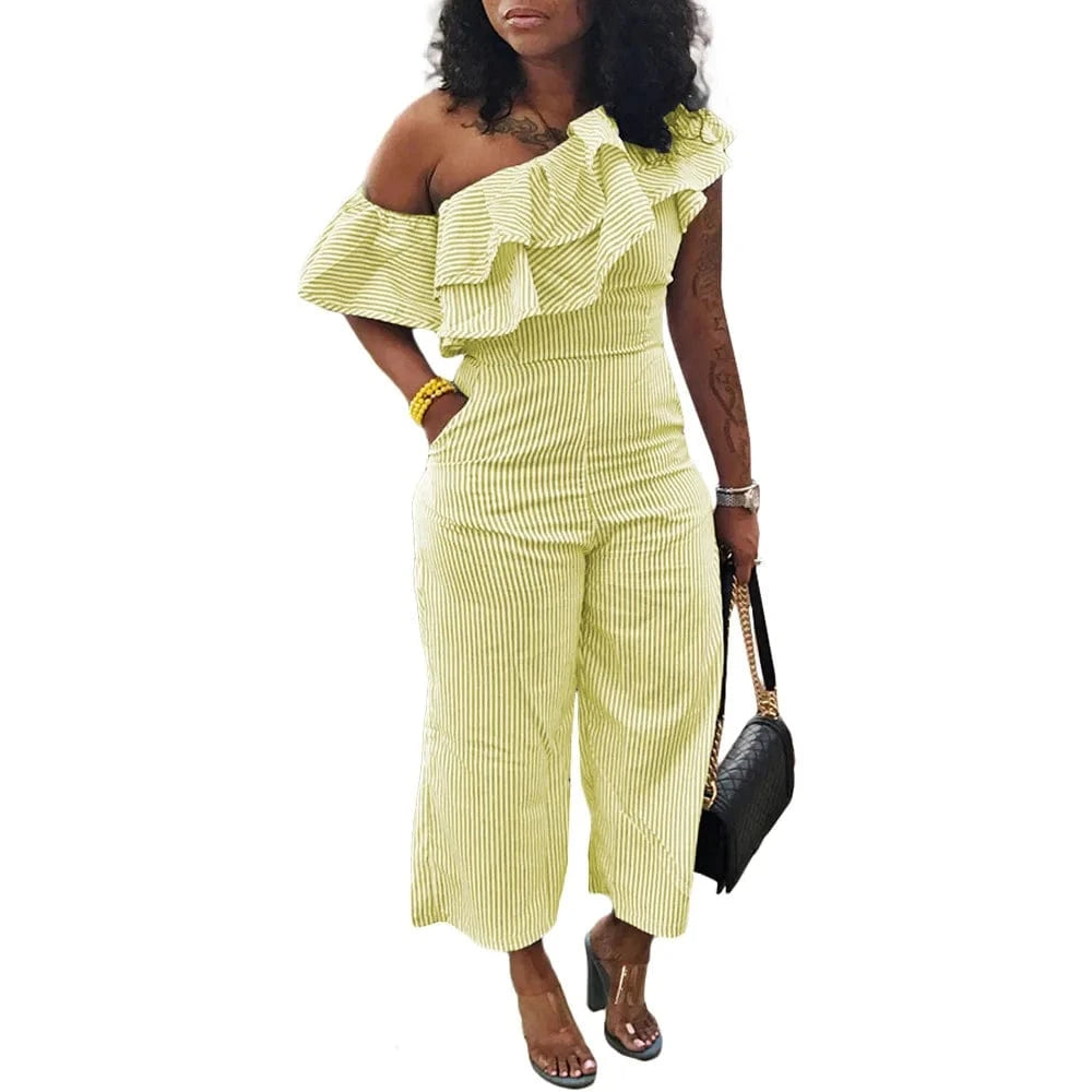 3 XL / Yellow Liu Ming African Fashion 2024 Trending Women Sexy Ruffle Patchwork One Shoulder Striped Print Playsuit Jumpsuits