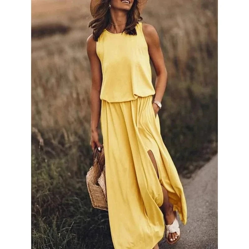 3 XL / Yellow Women's Sleeveless Dress Round Neck Split Solid Color Leisure Long Dress Summer Loose Plus Size Casual Ladies Maxi Dress