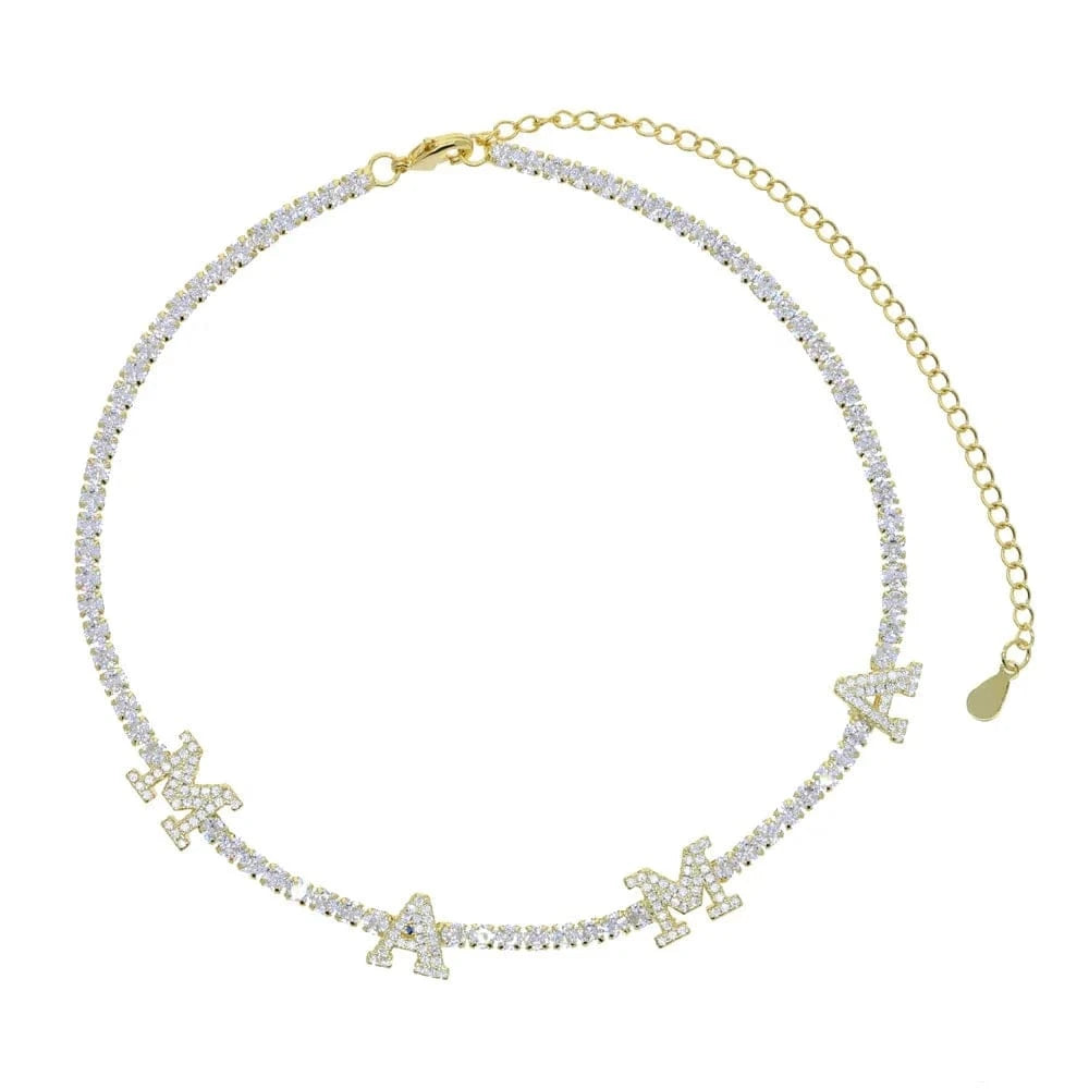 32+10cm / N742-G Mother's Day 3mm CZ Tennis Chain Choker Necklace Link Initial Letter MAMA Charm Pendant Necklace for Mom Family Party Jewelry