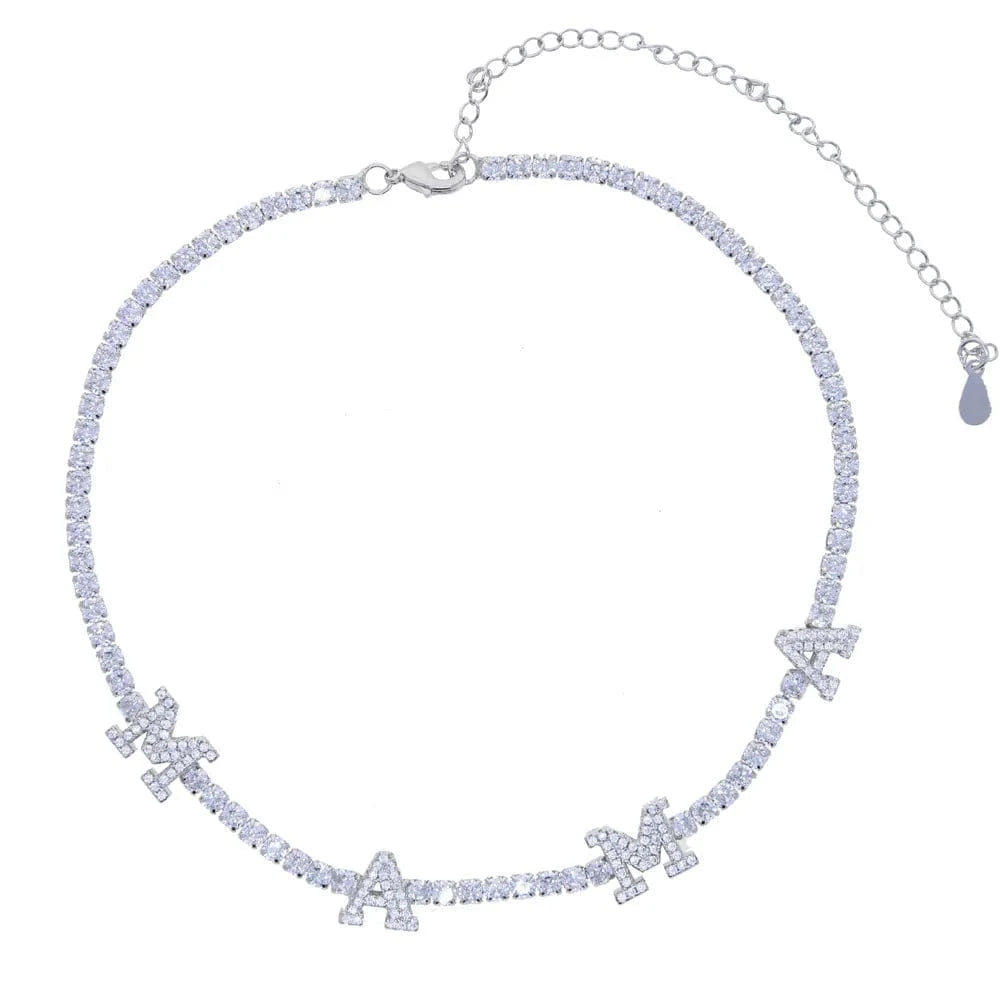 32+10cm / N742-P Mother's Day 3mm CZ Tennis Chain Choker Necklace Link Initial Letter MAMA Charm Pendant Necklace for Mom Family Party Jewelry