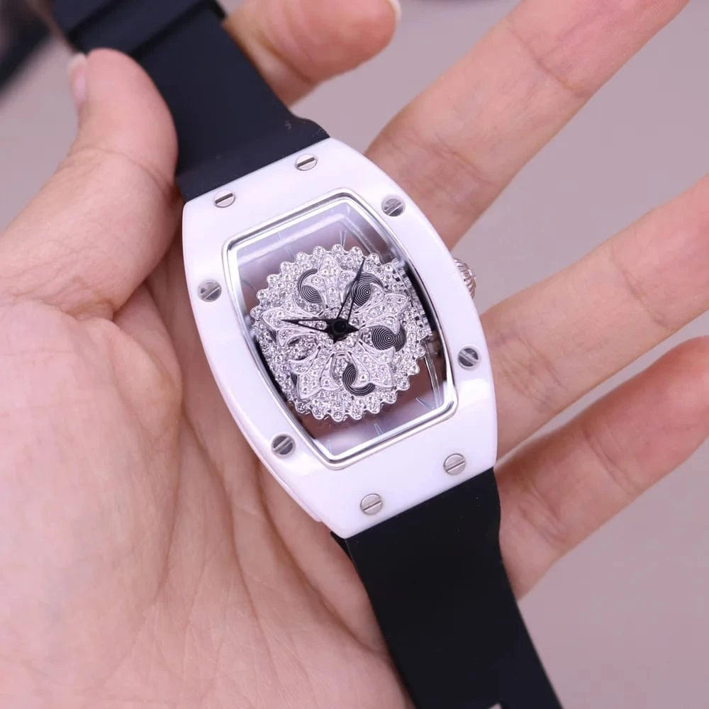 32 46mm Ceramic Luxury Davena Spin Snow Flower Women's Watch Japan Mov't Crystal Lady Hours Fine Fashion Real Leather Bracelet Girl's Gift Box