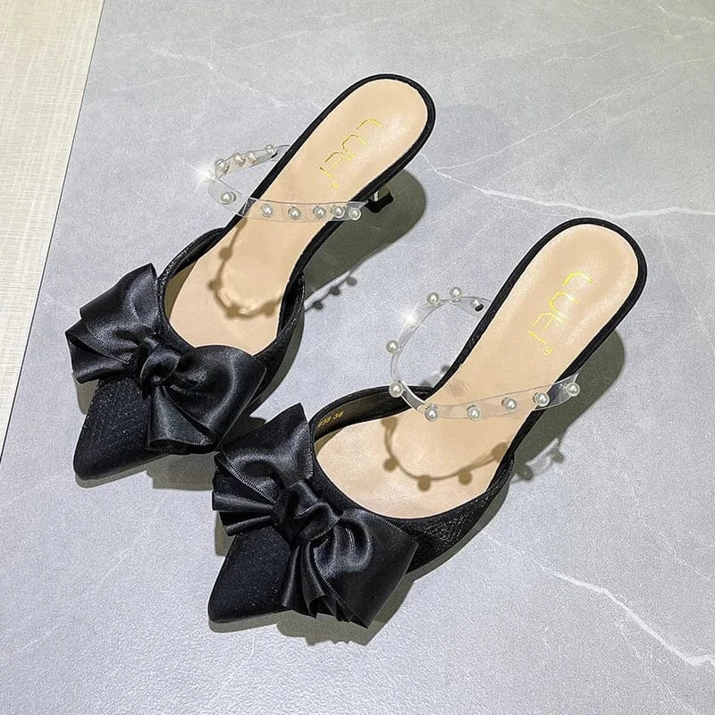 32 / Black Fashion Women Shallow Bowknot Sandal Slippers New Summer Female T-strap Pearls High Heel Pumps