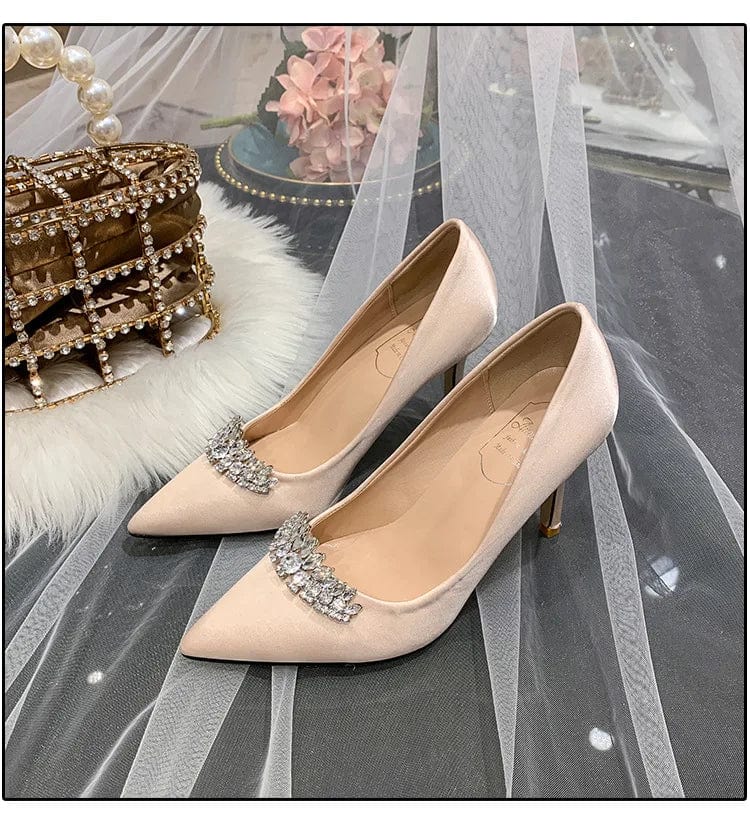 32 / Champagne(7cm)` New Ladies Wedding Dress Sandals Women Silk Satin Shallow Rhinestone Pumps Spring Summer High Heels Stilettos