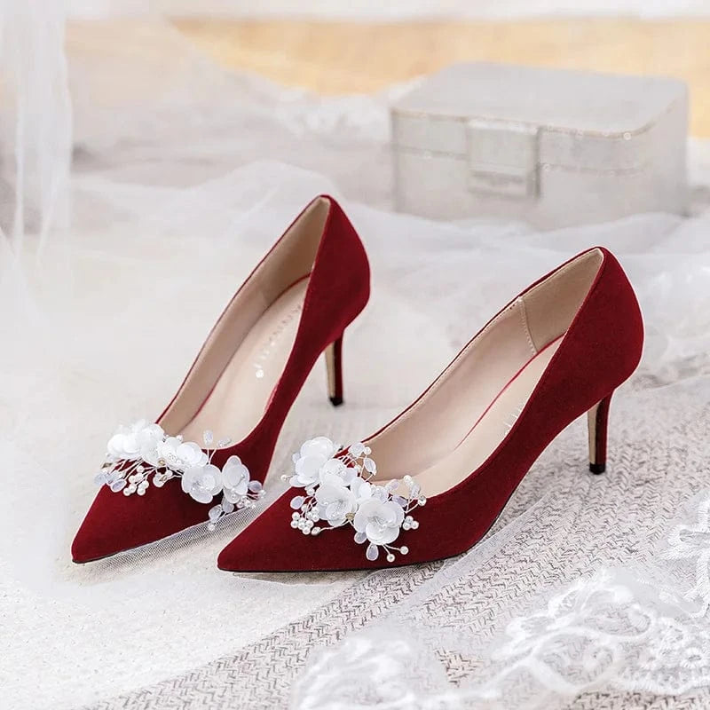 32 / Claret(7cm)` New Female Pointed-toe Flower Decoration Stilettos Wedding Pumps Shoes for Ladies Shallow Suede Banquet Sandals