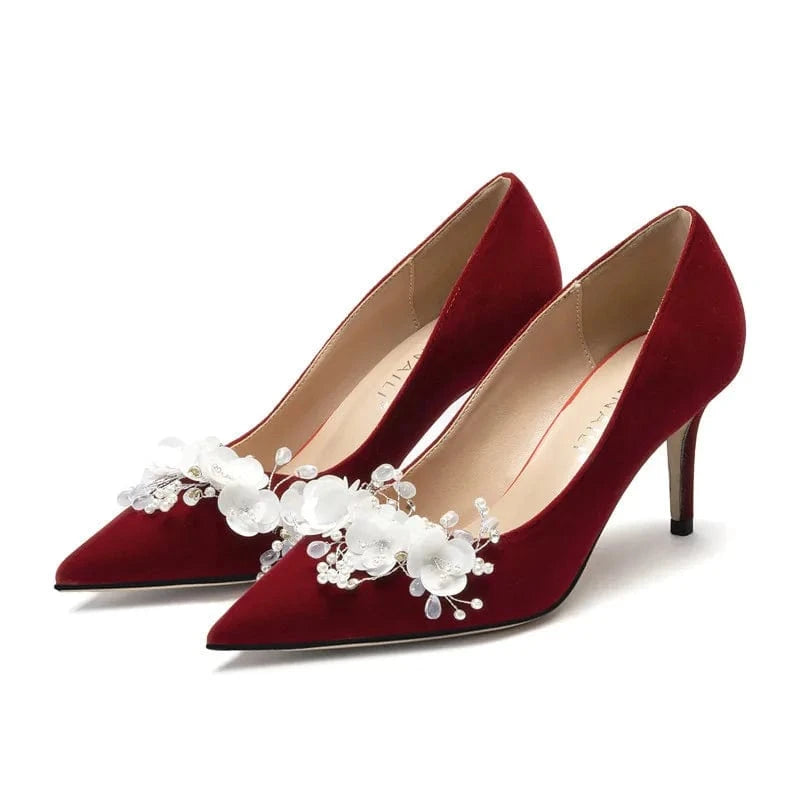 32 / Claret(9cm)` New Female Pointed-toe Flower Decoration Stilettos Wedding Pumps Shoes for Ladies Shallow Suede Banquet Sandals