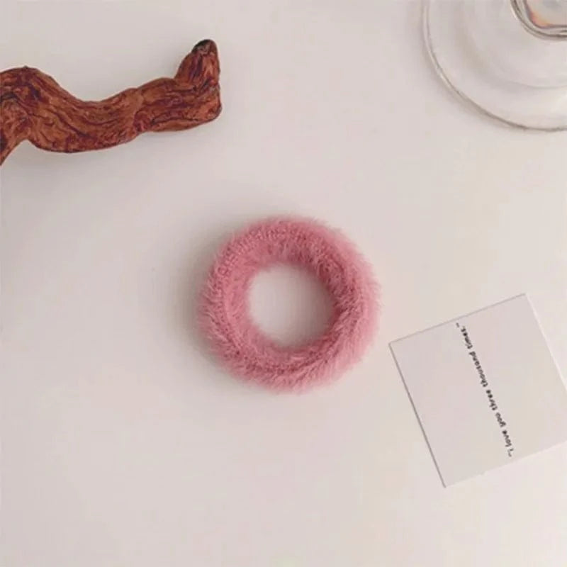 32 Korean Pink Short Plush Hair Ties Cute Plush Rabbit Ear Hair Rope Lovely Ring Women Autumn Winter High Elastic Band Scrunchies Fur Hair Ties for Girls