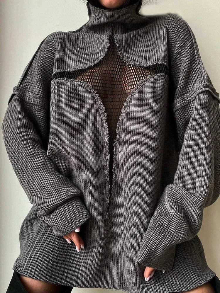 32182 Women Newest 2024 Fall Winter Fashion Streetwear Lady Casual Pullover Styles Mesh Hollow Out Knitted Sweater Women Tops