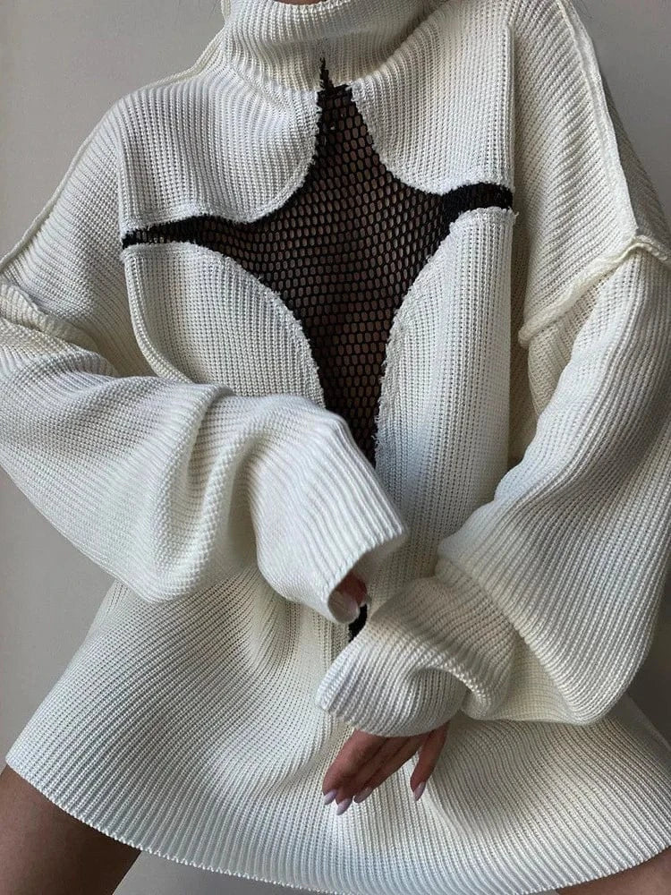 32182 Women Newest 2024 Fall Winter Fashion Streetwear Lady Casual Pullover Styles Mesh Hollow Out Knitted Sweater Women Tops