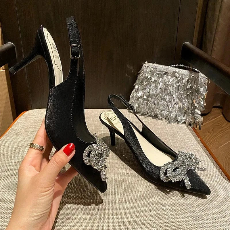 33 / Black(6cm)` 2022 Fashion Spring Autumn Women High Heels Wrap-toe Slingbacks Female Stilettos Sexy Party Banquet Ladies Dress Sandals