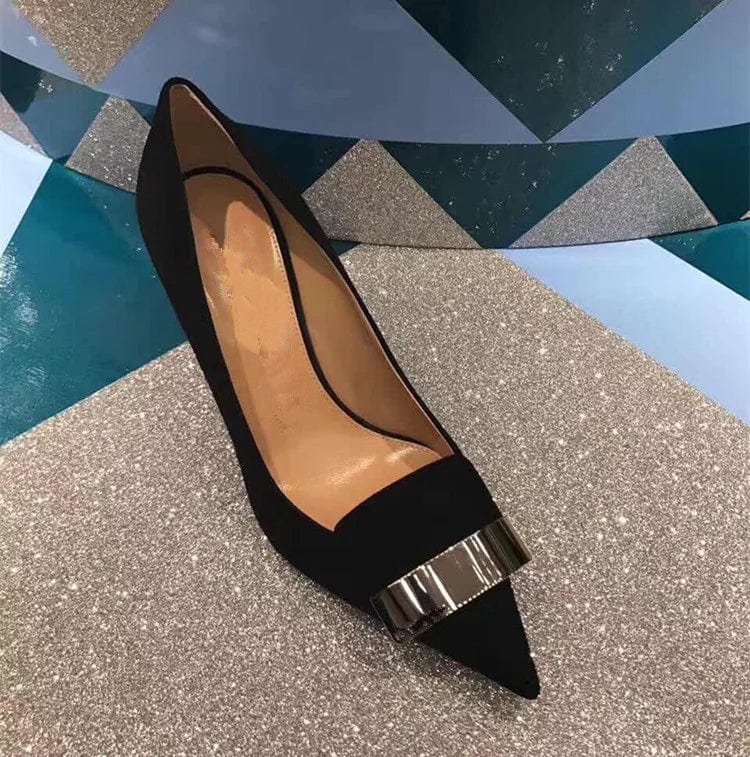 33 / Suede black(7cm)` New Women Pointed-toe Shallow Buckle Stilettos Outside Office Ladies Dress Sandals Female Summer Autumn High Heel Pumps