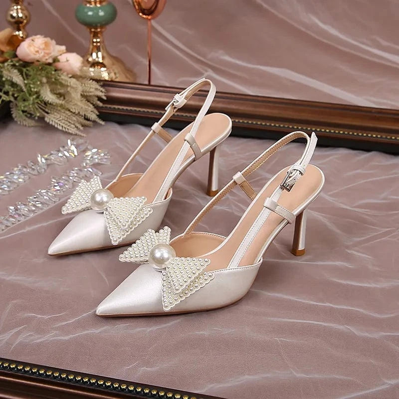 33 / White 6.5cm Women Summer Casual Slingback High Heels Sandals Pearl Bowknot Clip Wedding Shoes For Bridals