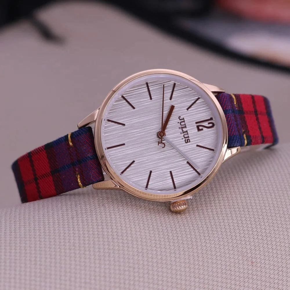 33mm C New Julius Women's Watch Fine Fashion British Plaid Style Hours Dress Bracelet Real Leather Clock Girl Birthday Gift Box