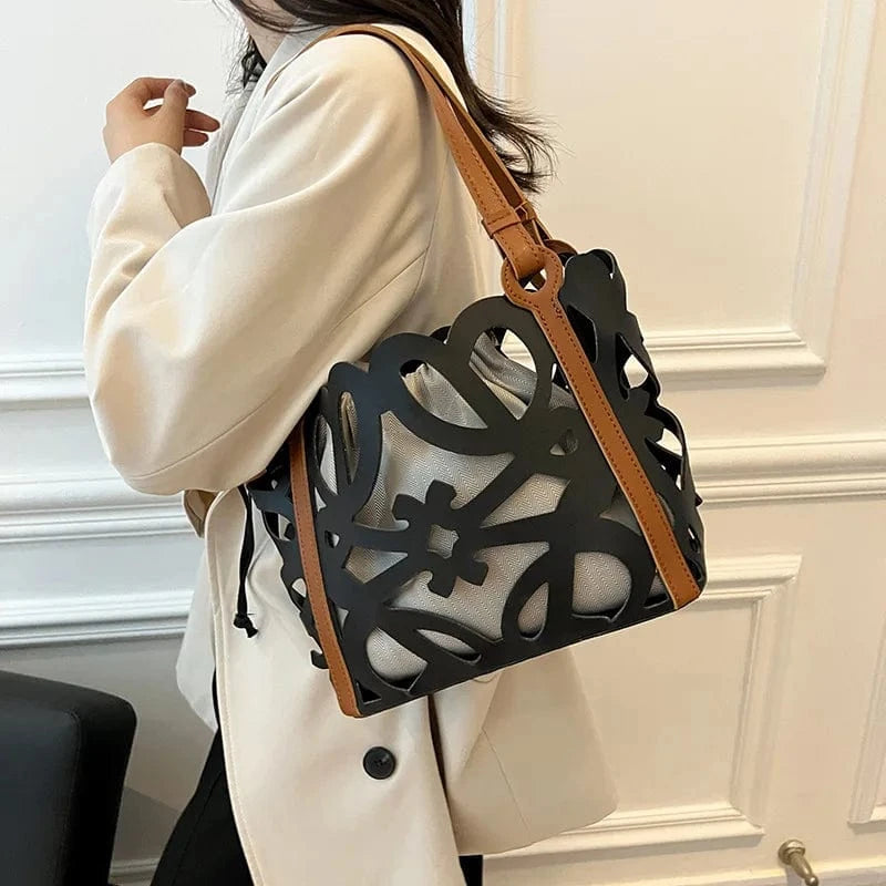 33x11x21cm / 2923 black Large Capacity Hollow Out Handbags Women 2024 Designer Soft PU Shopping Basket Big Tote Bag Ladies Casual Composite Shoulder Bag