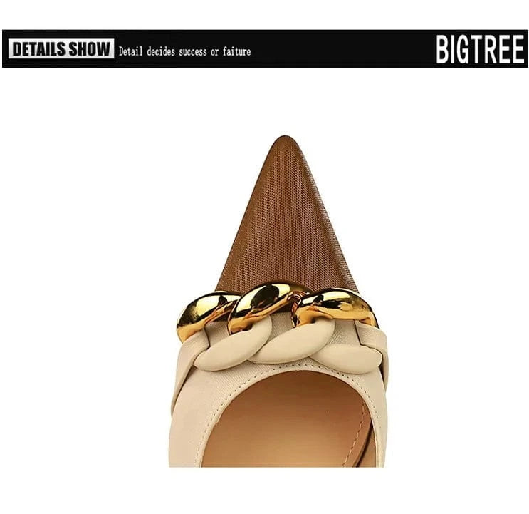 34-40 Elegant Banquet slim heeled women's shoes Light cut color blocking pointed high heels Metal chain decorated high heels
