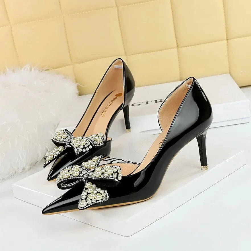 34-40 patent leather shallow cut pointed side hollowed out pearl rhinestone bow tie women's single shoe banquet high heels