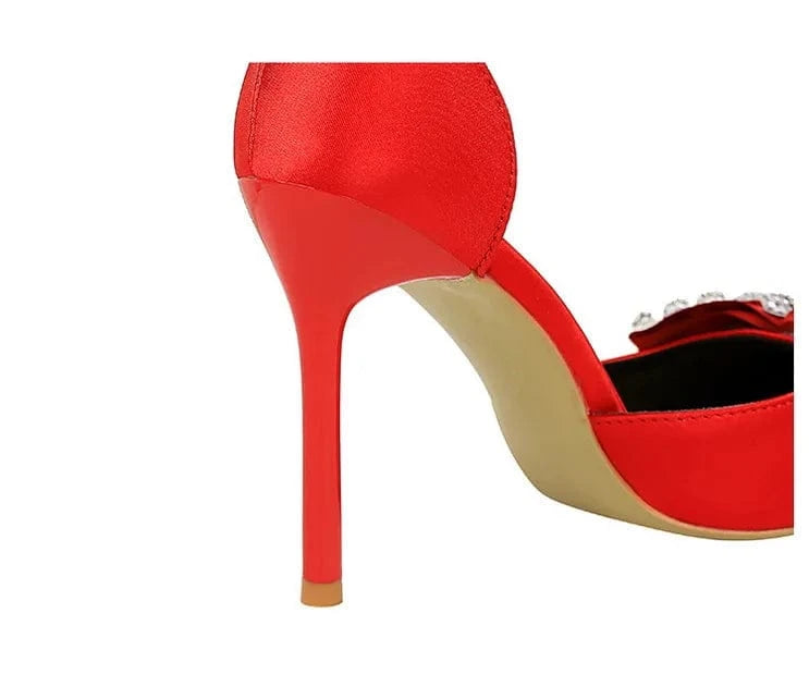 34-40 Summer rhinestone bow high heels Women's shoes with shallow pointed toe and sandals Hollow line high heels