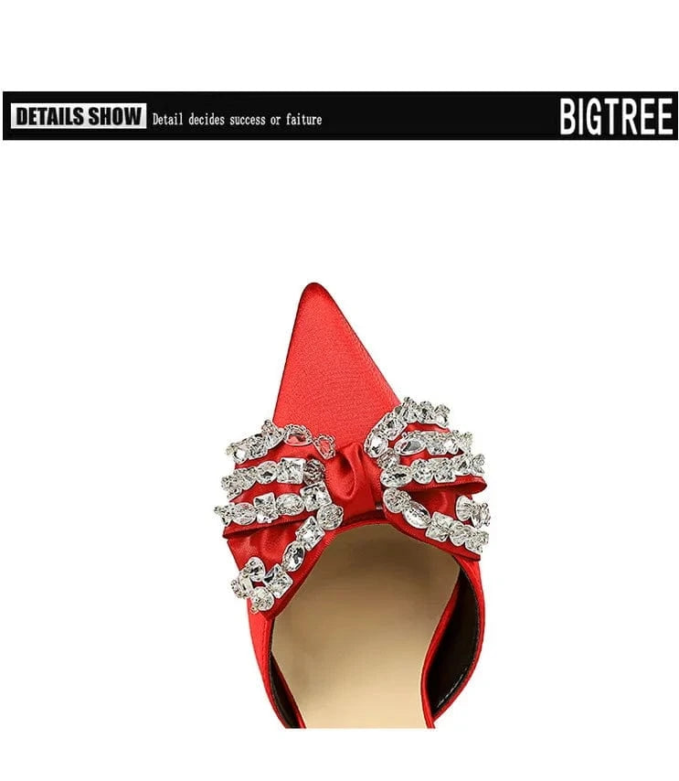 34-40 Summer rhinestone bow high heels Women's shoes with shallow pointed toe and sandals Hollow line high heels