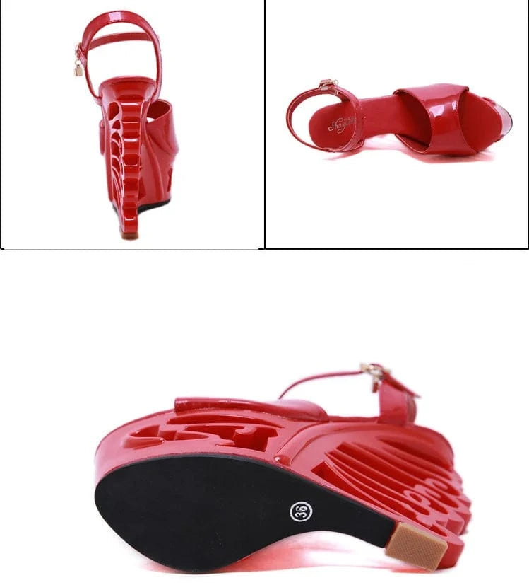 34-40 Summer Slope Heel Sandals Hollow buckle high heels Lacquer leather European and American high heel sandals