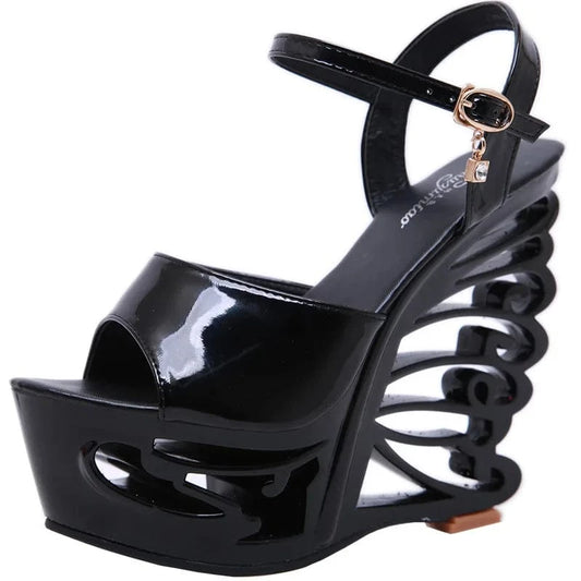 34-40 Summer Slope Heel Sandals Hollow buckle high heels Lacquer leather European and American high heel sandals