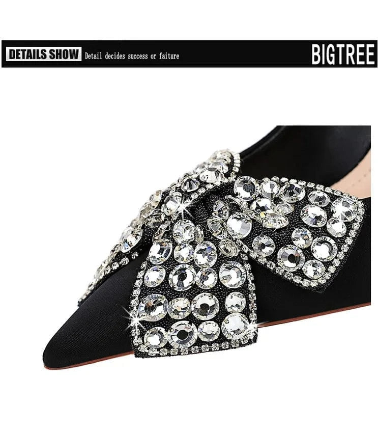 34-43 Banquet high heels Thin heeled satin shallow mouthed pointed pump diamond bow high heels