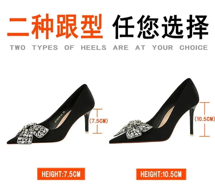 34-43 Banquet high heels Thin heeled satin shallow mouthed pointed pump diamond bow high heels
