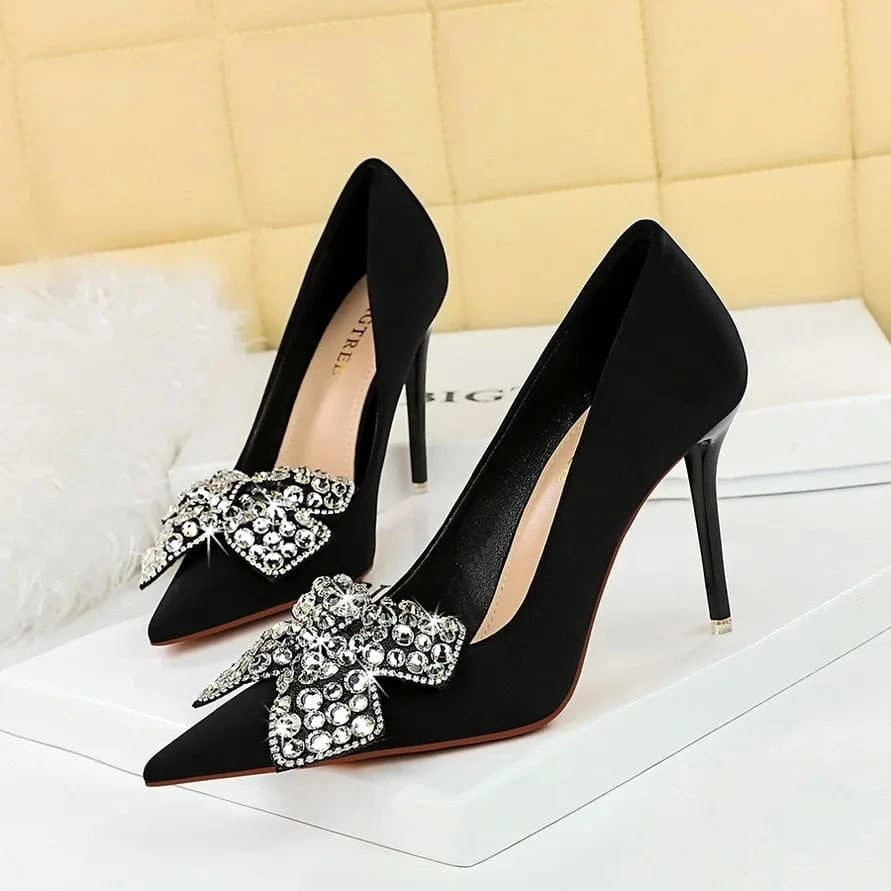 34-43 Banquet high heels Thin heeled satin shallow mouthed pointed pump diamond bow high heels