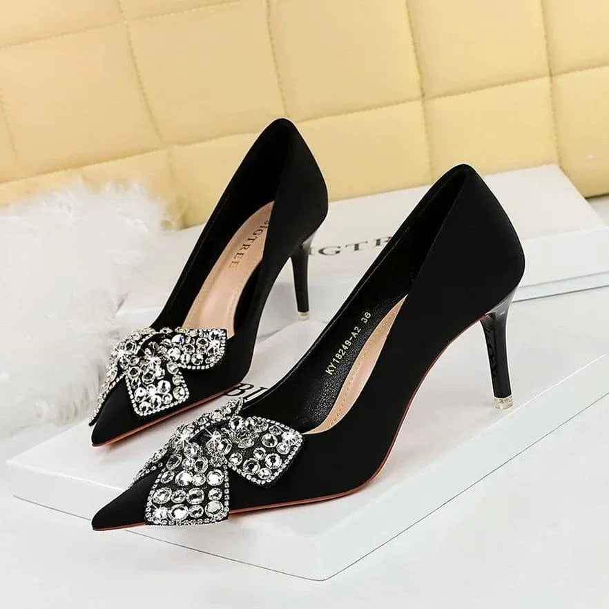 34-43 Banquet high heels Thin heeled satin shallow mouthed pointed pump diamond bow high heels
