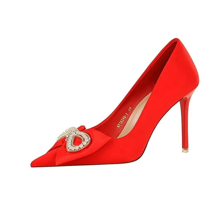 34-43 Banquet pointed pump high heels Thin heeled shallow cut heel shoes Pearl rhinestone bow single shoes office lady shoe