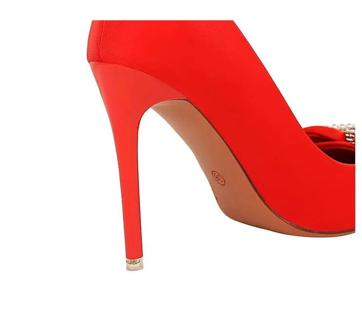 34-43 Banquet pointed pump high heels Thin heeled shallow cut heel shoes Pearl rhinestone bow single shoes office lady shoe
