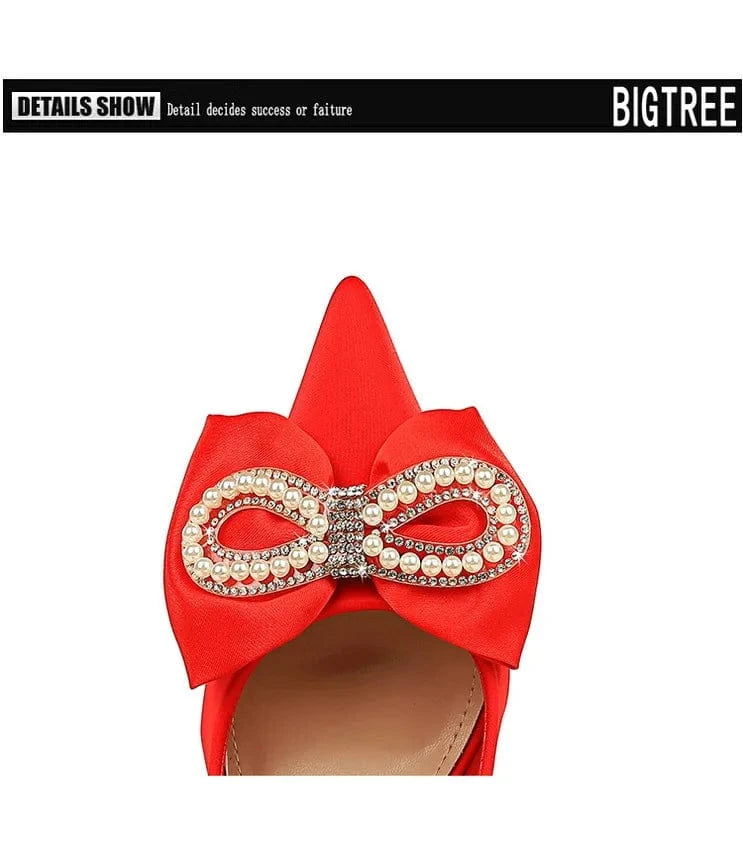 34-43 Banquet pointed pump high heels Thin heeled shallow cut heel shoes Pearl rhinestone bow single shoes office lady shoe