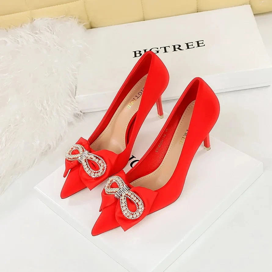 34-43 Banquet pointed pump high heels Thin heeled shallow cut heel shoes Pearl rhinestone bow single shoes office lady shoe