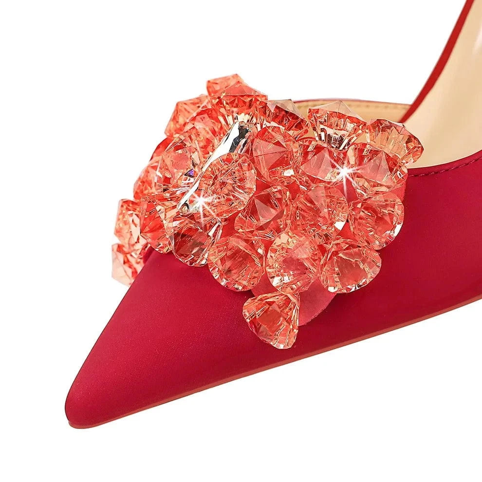 34-43 Banquet slim heels high heels Shallow cut pointed pump side hollowed out rhinestone bow high heel pumps summer