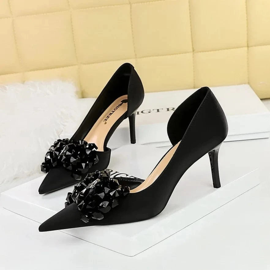 34-43 Banquet slim heels high heels Shallow cut pointed pump side hollowed out rhinestone bow high heel pumps summer