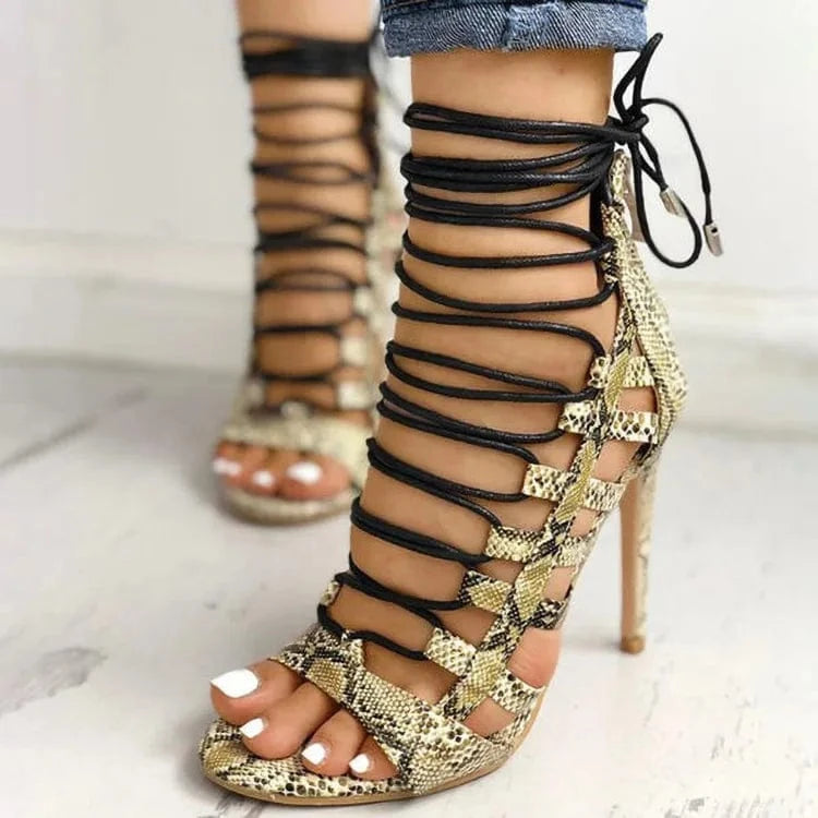 34-43 Summer European American Cross Strap Snakeskin High Heel Pointed Large Women's Sandals