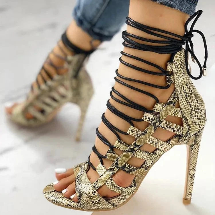 34-43 Summer European American Cross Strap Snakeskin High Heel Pointed Large Women's Sandals