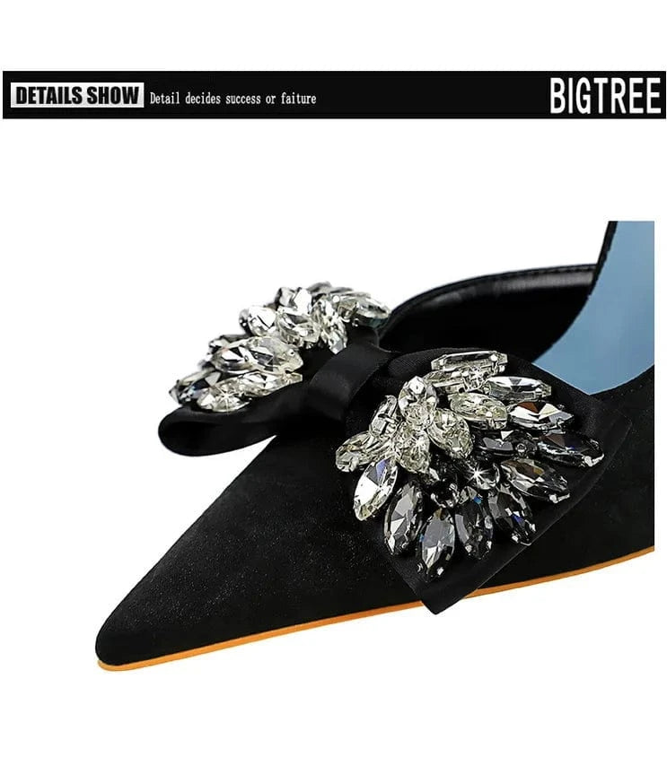 34-43 Thin Heel Shallow Mouth Pointed Side Hollow Fabric Face Ultra High Heel Single Shoe Rhinestone bow high heels