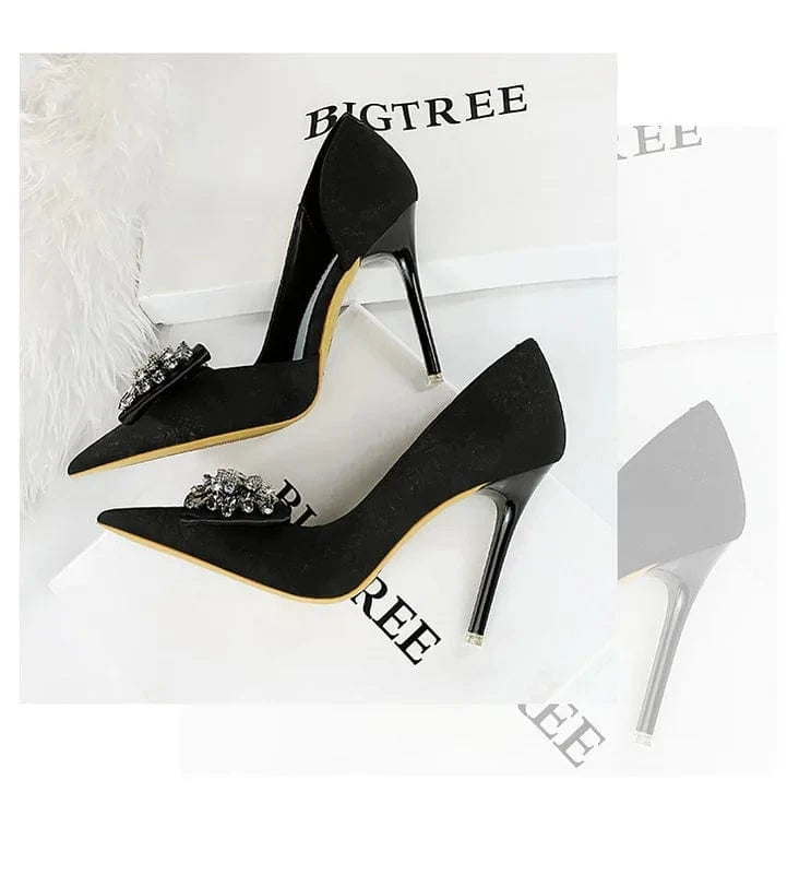 34-43 Thin Heel Shallow Mouth Pointed Side Hollow Fabric Face Ultra High Heel Single Shoe Rhinestone bow high heels