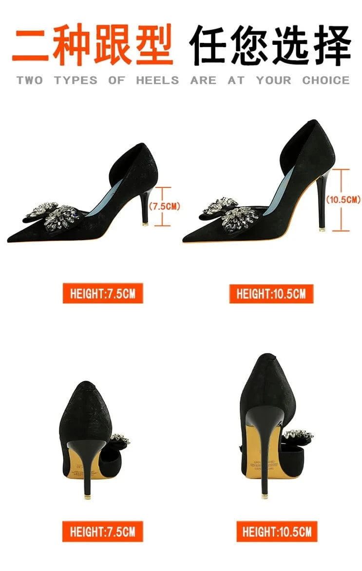 34-43 Thin Heel Shallow Mouth Pointed Side Hollow Fabric Face Ultra High Heel Single Shoe Rhinestone bow high heels