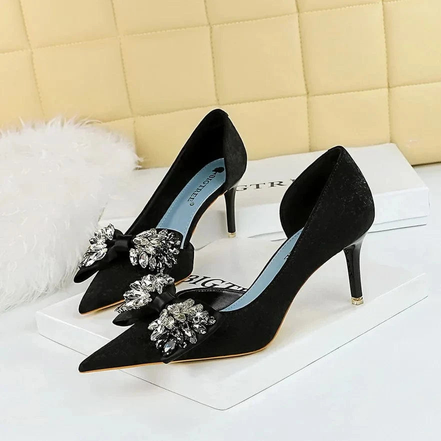 34 / 7.5CM 34-43 Thin Heel Shallow Mouth Pointed Side Hollow Fabric Face Ultra High Heel Single Shoe Rhinestone bow high heels
