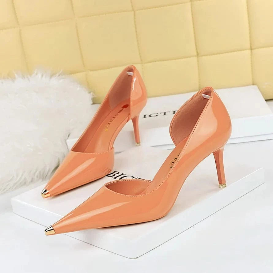 34 / 8829-A5 Orange Red 7cm Sexy Women Pumps Hot Sale Patent Leather Metal Decor Shoes Shallow Side Hollow Out Super High Heel Pumps Ladies Club Party Shoes