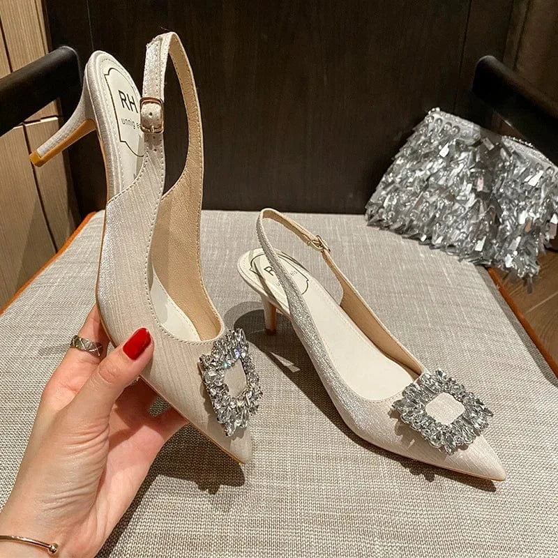 34 / Apricot(6cm)` 2022 New Spring Autumn Female High Heel Pumps Women Pointed-toe Buckle Stilettos Outside Banquet Ladies Dress Shoes
