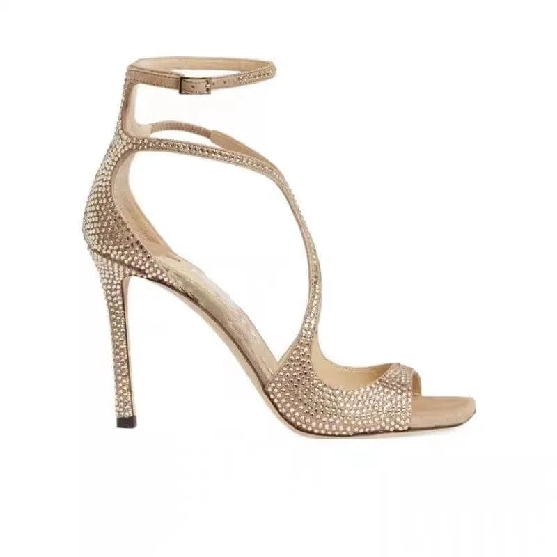 34 / Apricot Summer Sandals Women Sexy Rhinestone Decor Mujer Zapatos Ankle Strap Large Size High Heel Sandals For Ladies Nightclub Sandalias
