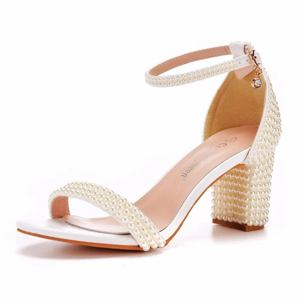 34 / Beige 7.5cm Chaussures Femme Autumn New Fashion Pearls Decor Dating Sandalias PU Round Toe Slip-toe Chunky Heels Sandals Women Wedding Shoes