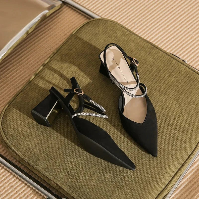 34 / Black 6.5cm Chaussures Femme Fashionable Microfiber Pointed-toe Shoes Wrap-toe Ankle Strap High Heel Sandals Ladies Dating Banquet Sandalias