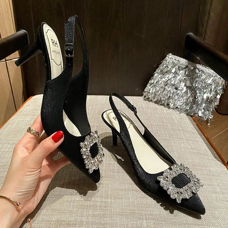 34 / Black(6cm)` 2022 New Spring Autumn Female High Heel Pumps Women Pointed-toe Buckle Stilettos Outside Banquet Ladies Dress Shoes