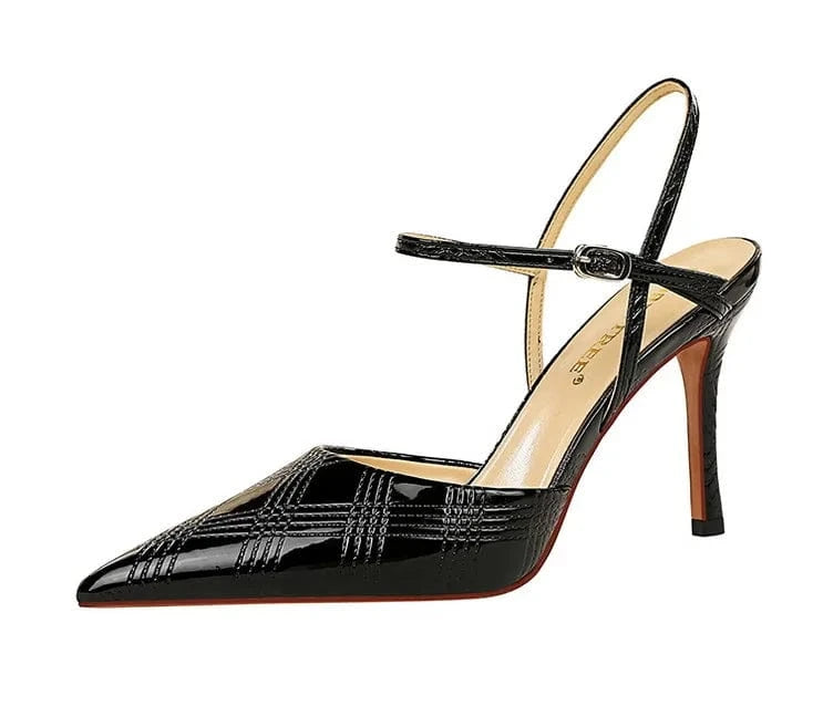 34 / Black Chaussures Femme Sexy Patent Leather Pointed-toe Shoes Ankle Strap Hollow Out High Heel Sandals Ladies Nightclub Party Sandalias
