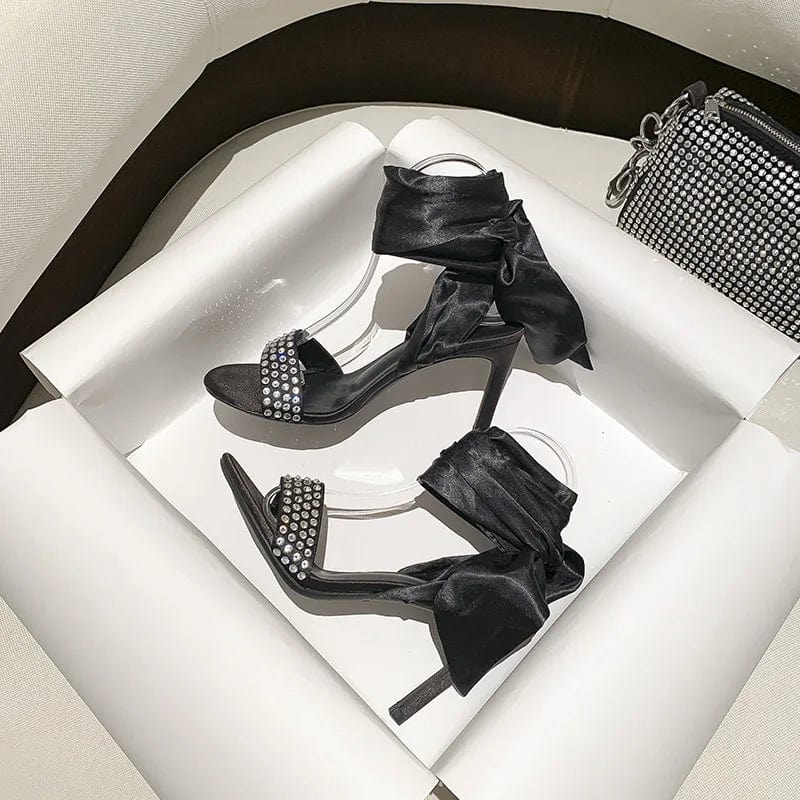 34 / Black New Summer Autumn Women High Heels Stilettos Female Rhinestone Lace-up Bowknot Sandals Sexy Party Dress Shoes Lady