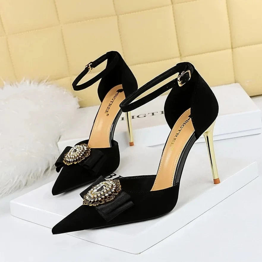 34 / Black Women Shoes 2023 Vintage Rhinestone Metal Buckle Suede Sandalias Hollow Out Ankle Strap High Heels Sandals Ladies Shopping Shoes