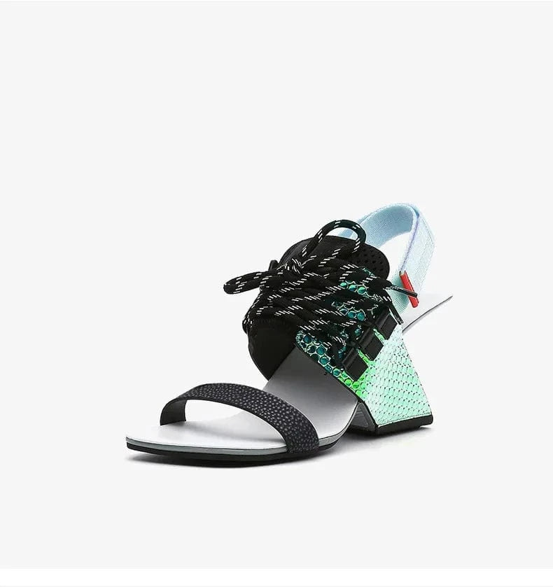 34 / Green Chaussures Femme Casual Color Patchwork Slingback Mujer Shoes Square-toe Lace Up High Heel Sandals Ladies Daily Shopping Sandals